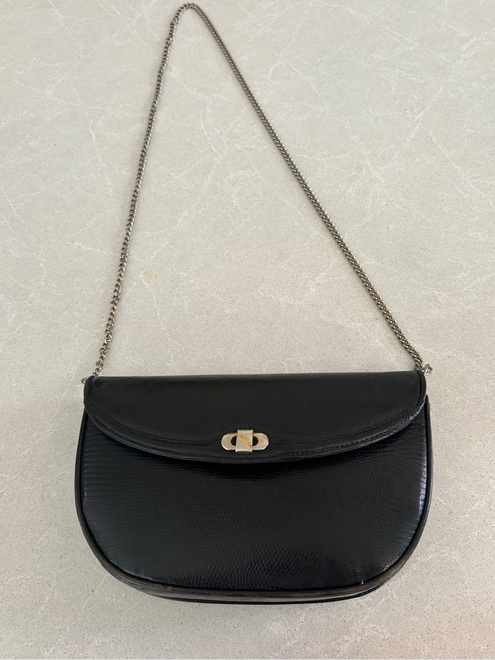Vintage Genuine Lizard Skin Black Chain Flap Shoulder Bag FLAWED